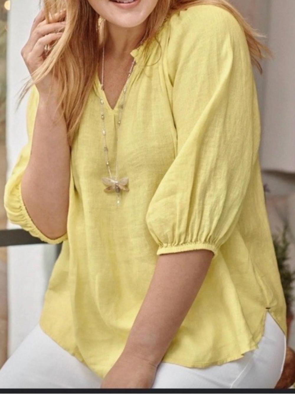 J. Jill Love Linen Yellow Linen V-Neck Peasant Blouse